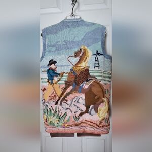 Berek MartaD Western Cowboy Theme Knit Vest Hand Knit 100% Pima Cotton VTG 1992